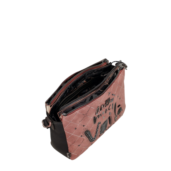 Sac bandoulière pour Femme d'importation Anekke. Sangle ajustable pleine longueure. 3 Compartiments avec fermoirs indépendants. Dimensions 11.4 X 7.9 X 3.94 pouces.