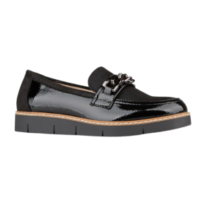 Loafer pour Femme avec une semelle plate. Ornement et cuir verni pour féminiser le tout .
