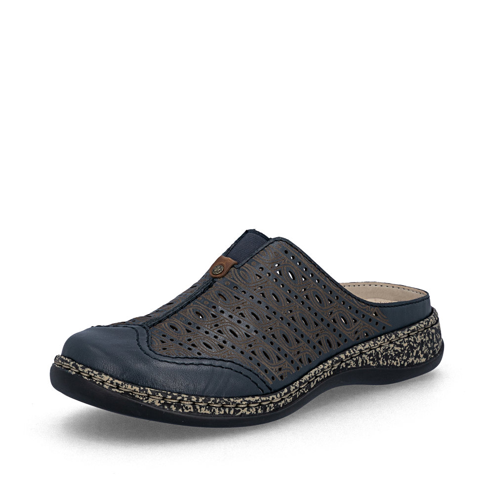 Découvrez les sabots Rieker 46376-14 en cuir bleu : confort tout au long de la journée avec semelle légère, flexibilité et style chic décontracté.