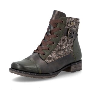 Botte courte pour femme Remonte. Doublure en mini velour pour couper l’humidité. Ajustable grâce aux lacets et enfilable rapidement grâce au fermoir éclair latéral. Semelle intérieur amovible pour insérer votre semelle orthopédique si besoin