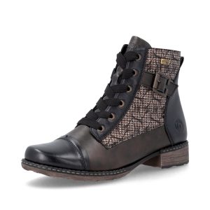 Botte courte pour femme Remonte. Doublure en mini velour pour couper l’humidité. Ajustable grâce aux lacets et enfilable rapidement grâce au fermoir éclair latéral. Semelle intérieur amovible pour insérer votre semelle orthopédique si besoin
