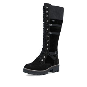Botte haute Rieker Y8101-00 noire pour femme, chaude et déperlante avec RiekerTEX, semelle amovible, lacets et fermeture éclair.