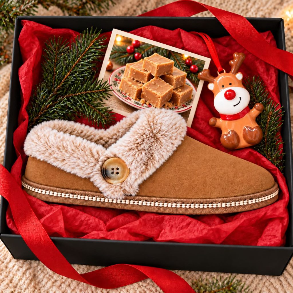 Un cadeau qui réchauffe les pieds… et qui met Noël dans la maison! 🎄 Avec leurs belles teintes châtaigne, les Skechers Cozy Campfire – French Toast 2 sont parfaites pour les journées où le programme se résume à être bien chez soi. Et dans notre collection Les Prêts-à-partir, on a ajouté quelques petites attentions pour transformer une simple paire de pantoufles en un véritable cadeau! Dans ton coffret : Une paire de pantoufles Skechers Chestnut, en suède véritable, avec doublure douce et semelle Memory Foam. Un ornement de Noël de la boutique Station Pôle Nord, identique à celui présenté sur la photo. Une jolie fiche avec 2 recettes sucrées : galettes et sucre à la crème. Une playlist de Noël de 45 minutes, accessible par code QR. Le tout dans un joli coffret prêt à offrir. Tu choisis la pointure, on s'occupe du reste!