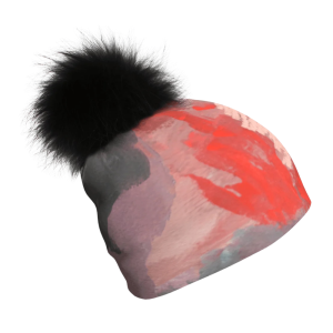 Tuque d’hiver à imprimé Pink Flames, avec pompon noir amovible et doublure en bambou. Tailles selon le tour de tête : XS 48–51 cm, S 50–55 cm, M 54–60 cm, L 58–64 cm. Le S est la taille standard pour femme; le M, pour homme.