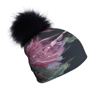 Tuque doublée en bambou, au motif tourbillonnant gris sur fond gris foncé, avec pompon noir amovible. Tailles : XS (48–51 cm), S (50–55 cm), M (54–60 cm) et L (58–64 cm) de tour de tête